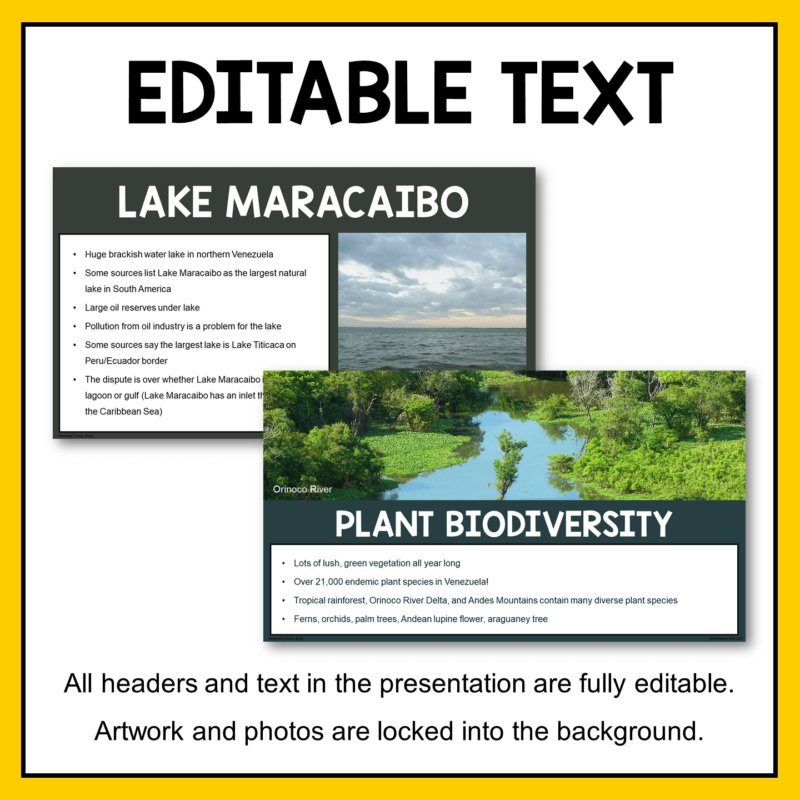This Venezuela Country Study is for middle school world geography classes. Includes presentation and three printable activities. All text is editable.