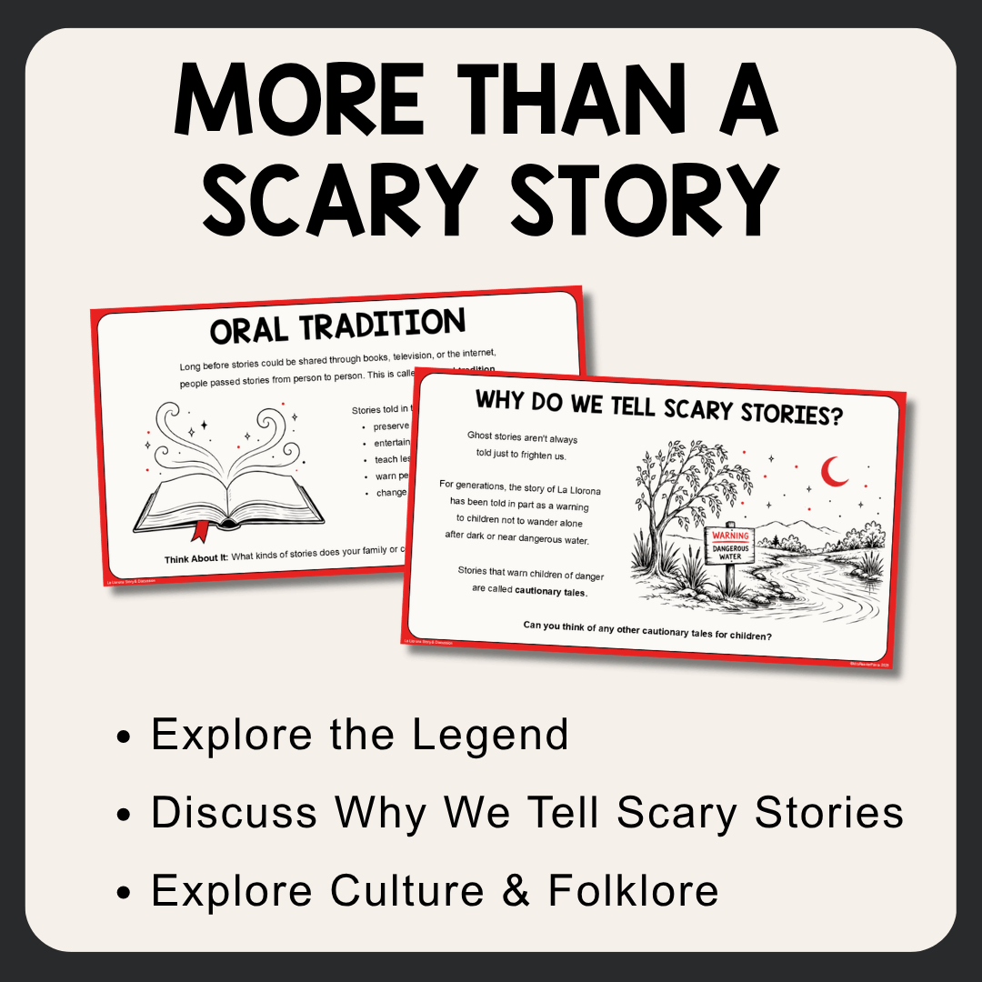 This La Llorona Story and Discussion is a great Halloween alternative for middle school. Includes English and Spanish versions of everything. Recommended for Grades 6-9.