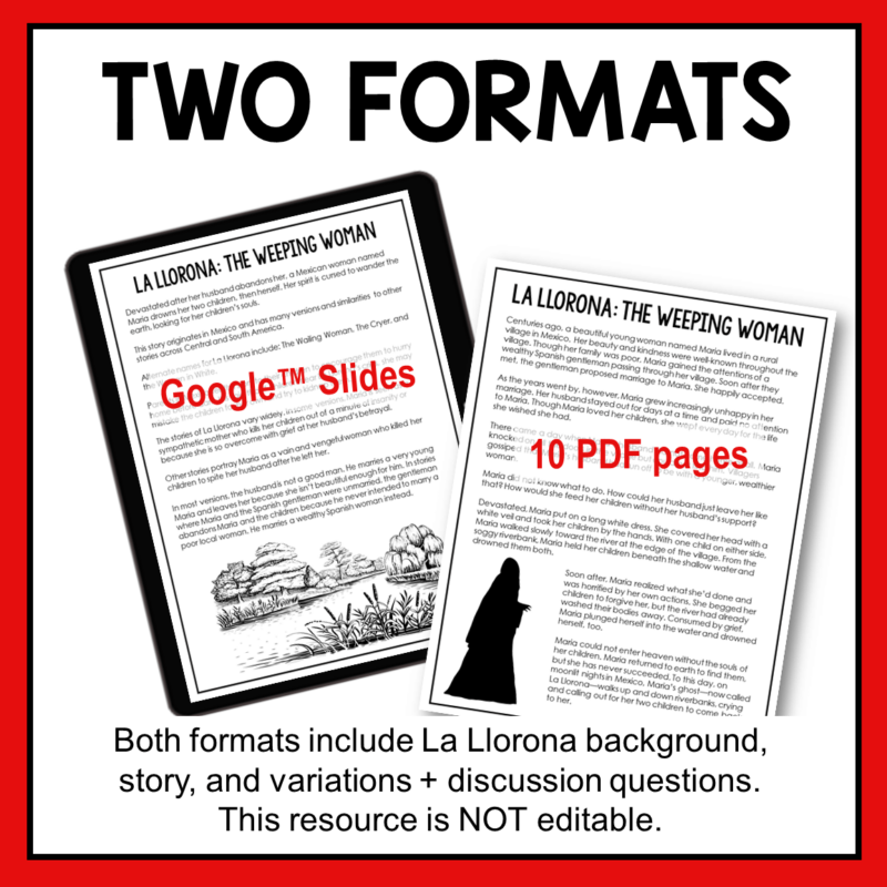 This La Llorona Story and Discussion includes two formats: Google Slides and PDF. Neither format is editable.