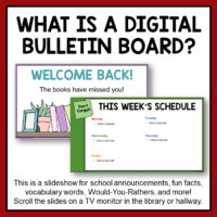 A Digital Bulletin Board is a presentation that is designed to share school announcements. Set the slide timings and scroll on a loop in the library, classroom, or hallway.
