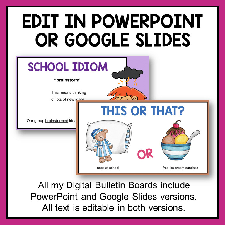 This Back to School Digital Bulletin Board is editable in PowerPoint and Google Slides.