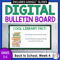 This Digital Library Bulletin Board is for the fourth week of school. Scroll your library and school announcements on a screen. Designed for Grades 3-6.