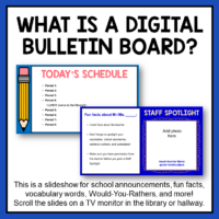 What is a This Back to School Digital Bulletin Board? This is a scrolling slideshow of fun facts, vocabulary, and announcements templates for school libraries and classrooms. Scroll the slides in the library, classroom, or hallway.