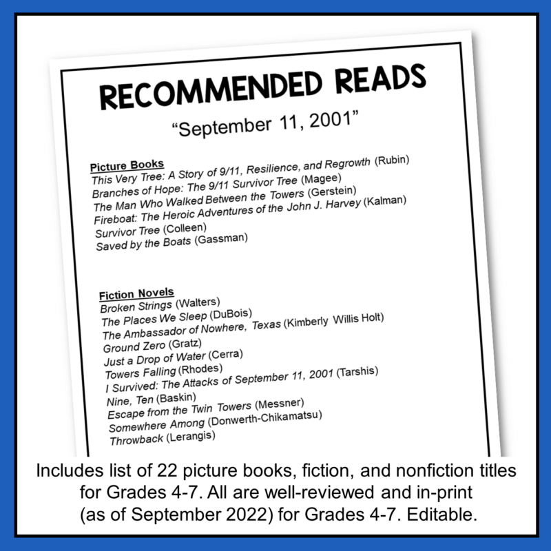 This September 11 Library Lesson includes a printable list of 22 Recommended Reads about 9/11.