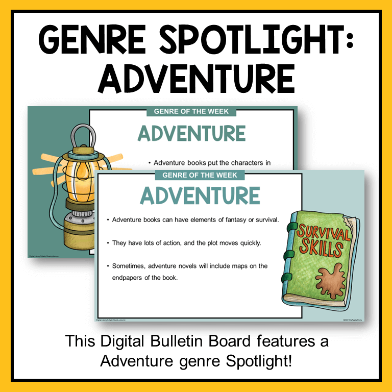 This Autumn Digital Bulletin Board includes a genre spotlight for Adventure books.