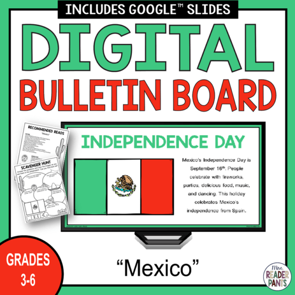 This Mexico Digital Bulletin Board if for Grades 3-6. Includes scavenger hunt activity and recommended reads. Perfect for Cinco de Mayo!