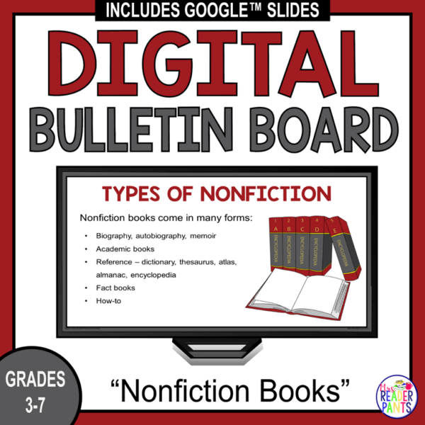 This Nonfiction Digital Bulletin Board is for school libraries serving Grades 3-7. It includes a PPT version and a Google Slides version.