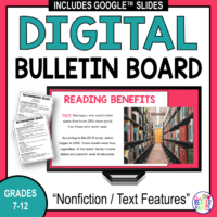 This Nonfiction Digital Bulletin Board is for libraries serving Grades 7-12. It includes nonfiction text features and nonfiction genres for teens.