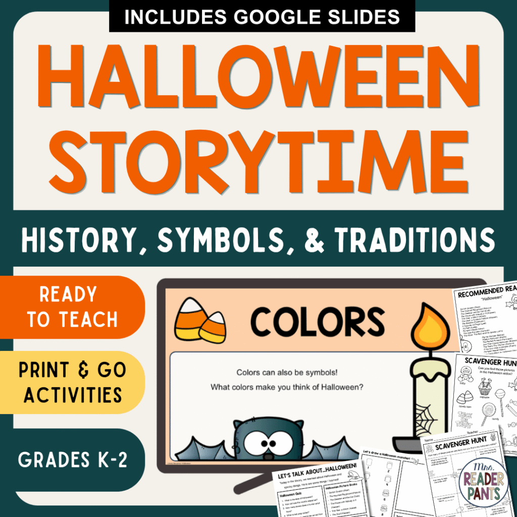 This Halloween Storytime is for librarians serving Grades K-2. It includes a 3-part library lesson, plus several printable pages.