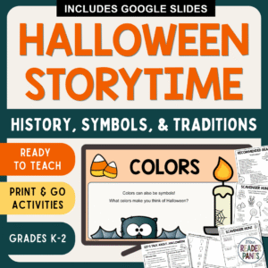 This Halloween Storytime is for librarians serving Grades K-2. It includes a 3-part library lesson, plus several printable pages.