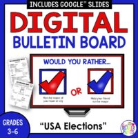 This Election Day Digital Bulletin Board is for Grades 3-6. Scroll it in the library, classroom, or hallways to explain the US election process.