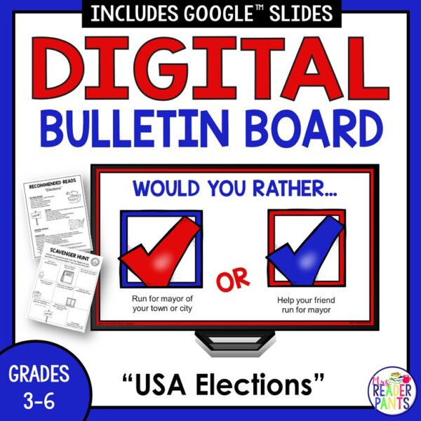 This Election Day Digital Bulletin Board is for Grades 3-6. Scroll it in the library, classroom, or hallways to explain the US election process.