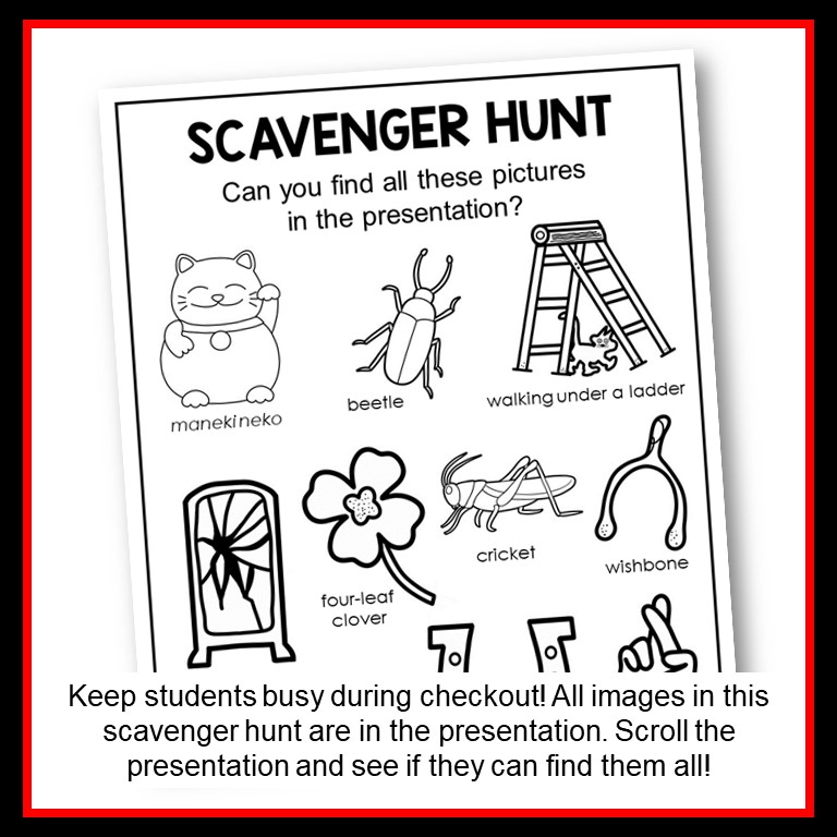 This Library Storytime Lesson is about Superstitions. Includes printable Scavenger Hunt and Recommended Reads.