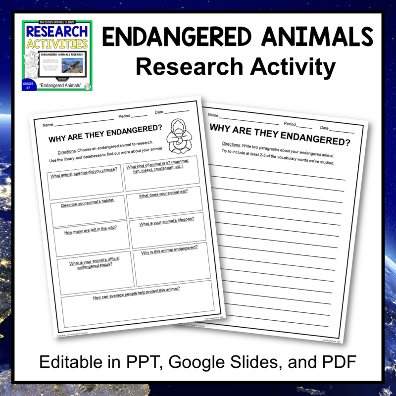 This Earth Day Activities Bundle includes an endangered animals research activity and vocabulary activity.