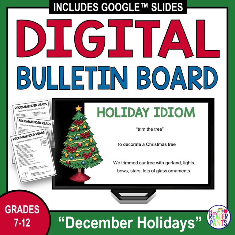 This December Holidays Digital Bulletin Board is a scrolling slideshow for secondary school libraries.