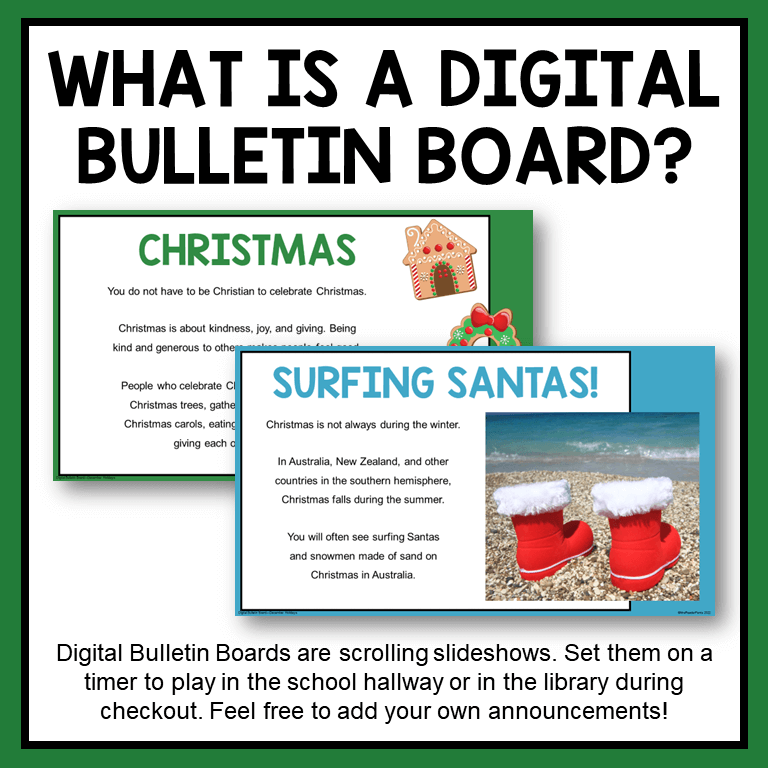 This December Holidays Digital Bulletin Board is a scrolling slideshow about seven December holidays.