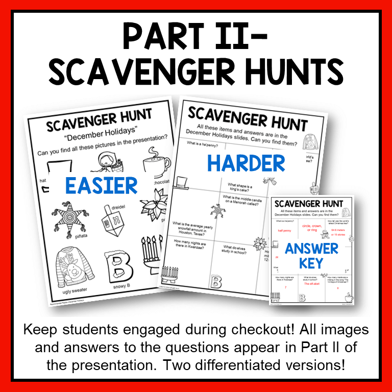 This December Holidays Library Lesson includes two differentiated scavenger hunts.