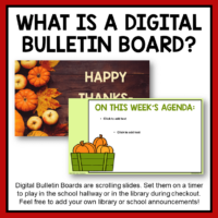 This Thanksgiving Digital Bulletin Board is a scrolling slideshow. Play the slides on a loop to communicate library or school announcements in a fun, interesting way that students can't resist watching!