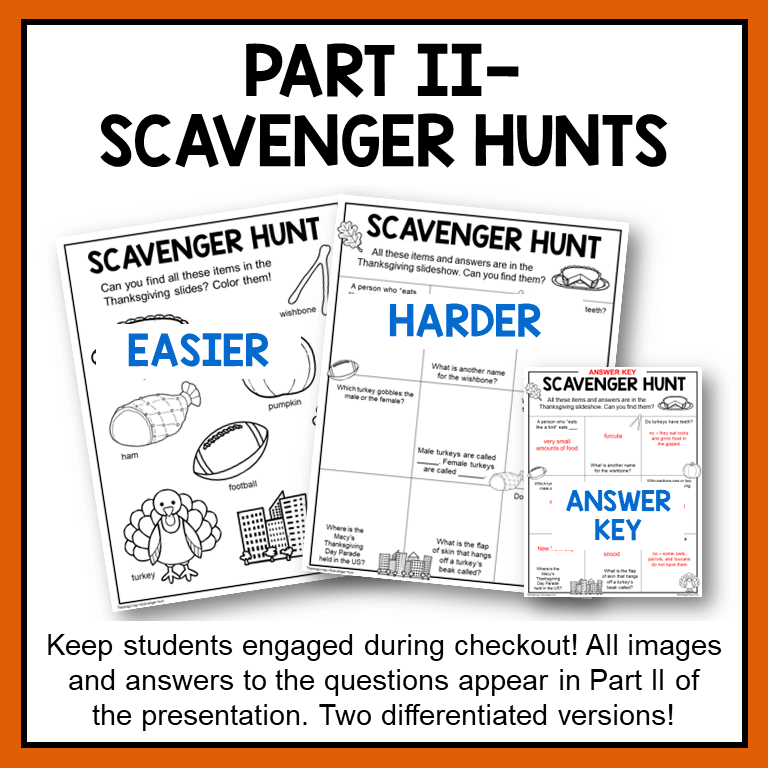 This Thanksgiving Library Lesson includes two differentiated scavenger hunt activities, plus an answer key.