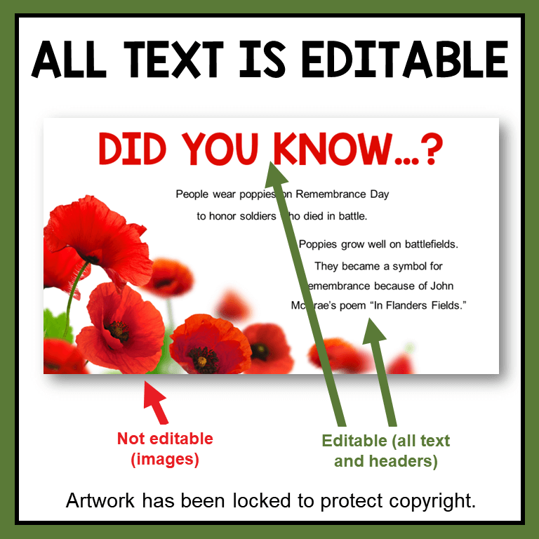 All text is editable in this Veterans Day Digital Bulletin Board .
