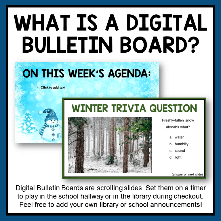 This Winter Digital Bulletin Board is a scrolling slideshow for secondary libraries and classrooms.