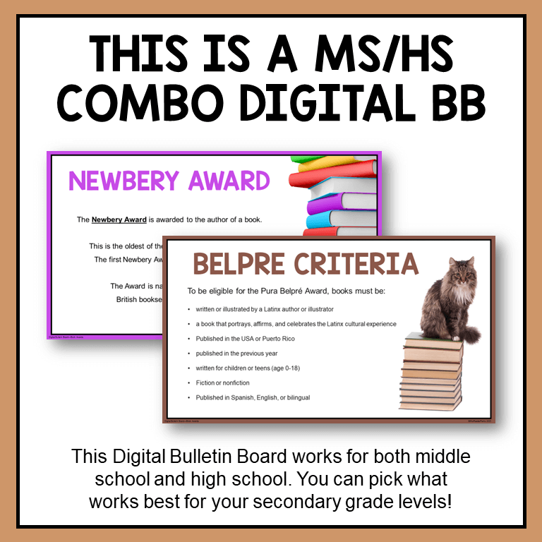 This Book Awards Digital Bulletin Board is for Grades 6-12. This is a combo for middle and high school.