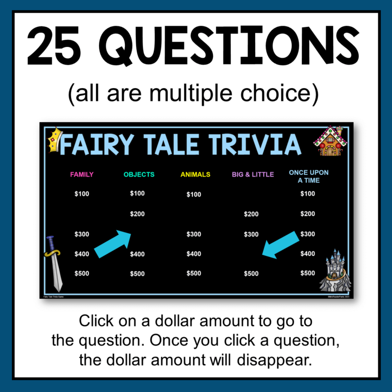 This Fairy Tales Trivia Game includes 25 question slides and 25 answer slides.
