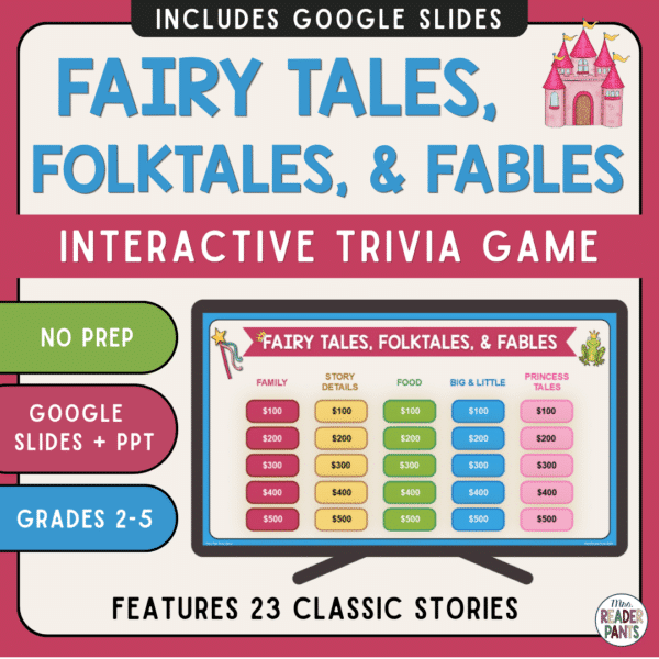 This Fairy Tales, Folktales, and Fables Trivia Game is for Grades 2-5.