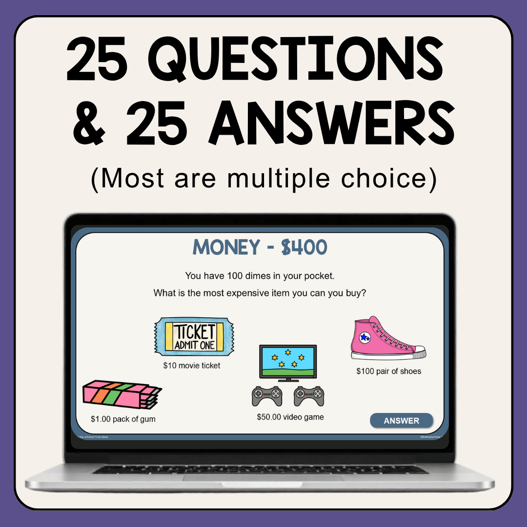 This 100th Day of School Game is ready to play today! Includes 25 questions and answers. Play in PowerPoint.