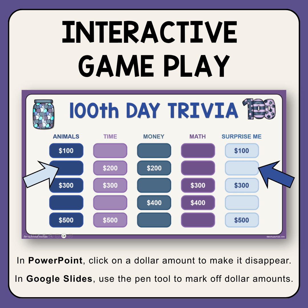 This 100th Day of School Game is ready to play today! Includes 25 questions and answers. Play in PowerPoint.