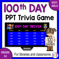 This 100th Day of School Trivia Game is for Grades 3-6. All text is editable.