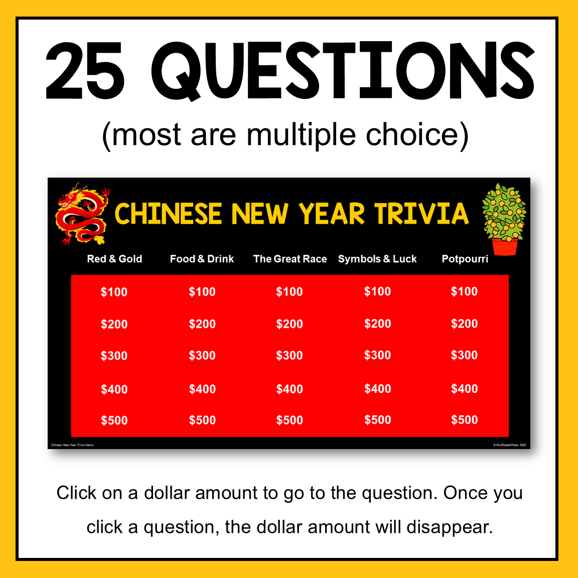 This Chinese New Year Trivia Game is updated for 2026, the Year of the Horse. Includes 25 questions + 25 answers.