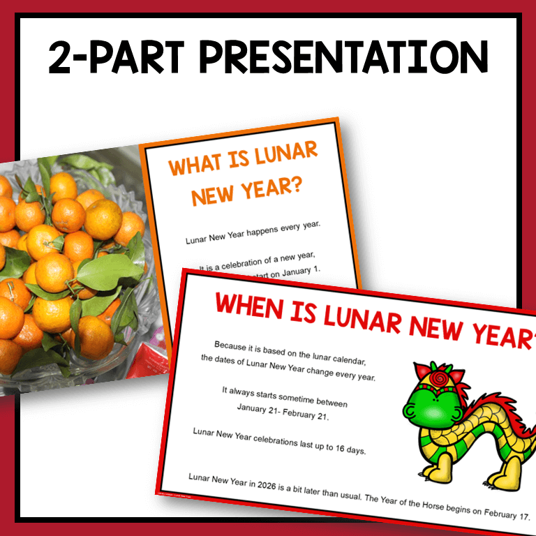 This Lunar New Year Library Lesson includes fun facts and trivia about Lunar New Year. Includes 2-part presentation.