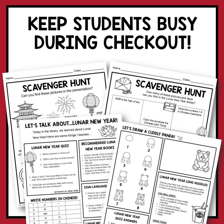 This Lunar New Year Library Lesson includes fun facts and trivia about Lunar New Year. Includes printable activities and answer key.