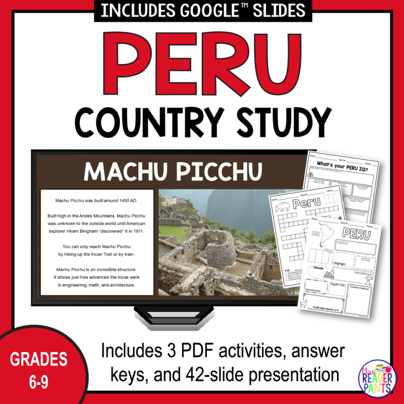 This Peru Country Study is for middle school world geography classes. Recommended for Grades 6-9.