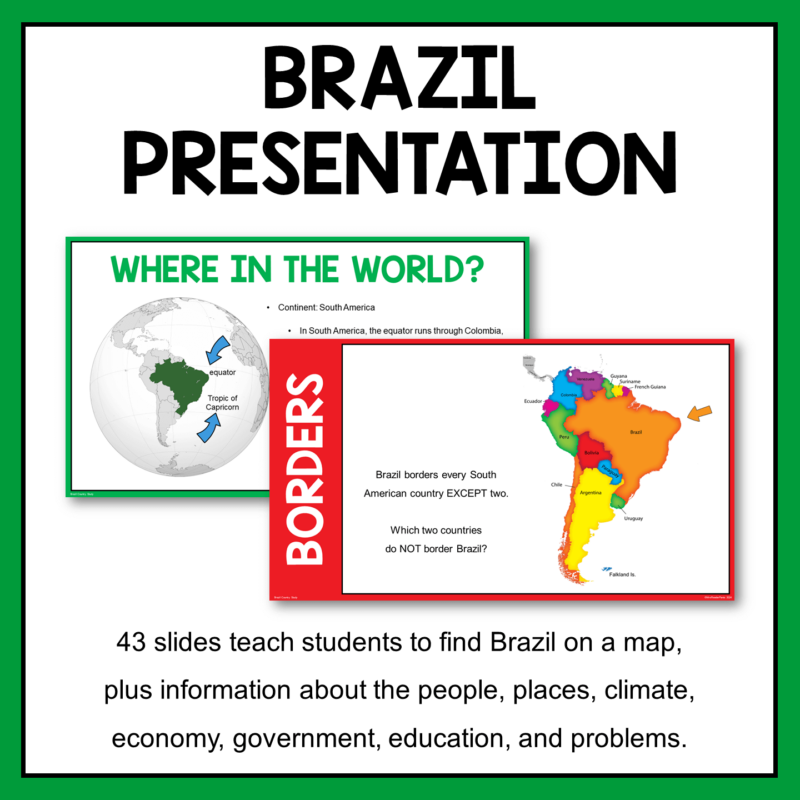 This Brazil Country Study is for middle and high school world geography classes. It includes a Brazil presentation and 3 activities.