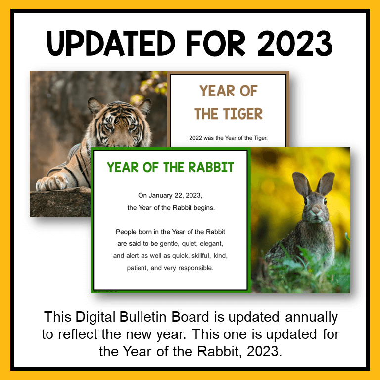 This Lunar New Year Digital Bulletin Board is updated for 2023 Year of the Rabbit.