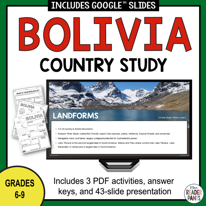 This Bolivia Country Study is for Grades 6-9. Includes PPT and Google Slides versions, plus 3 printable activities and answer keys.
