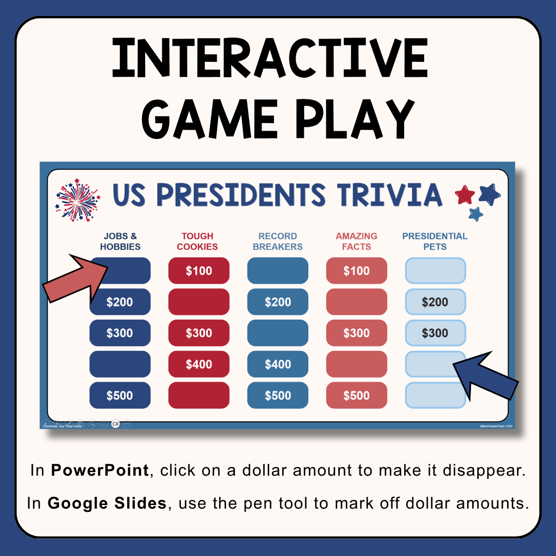 This US Presidents Game is perfect for Presidents Day! Includes PowerPoint and Google Slides game.