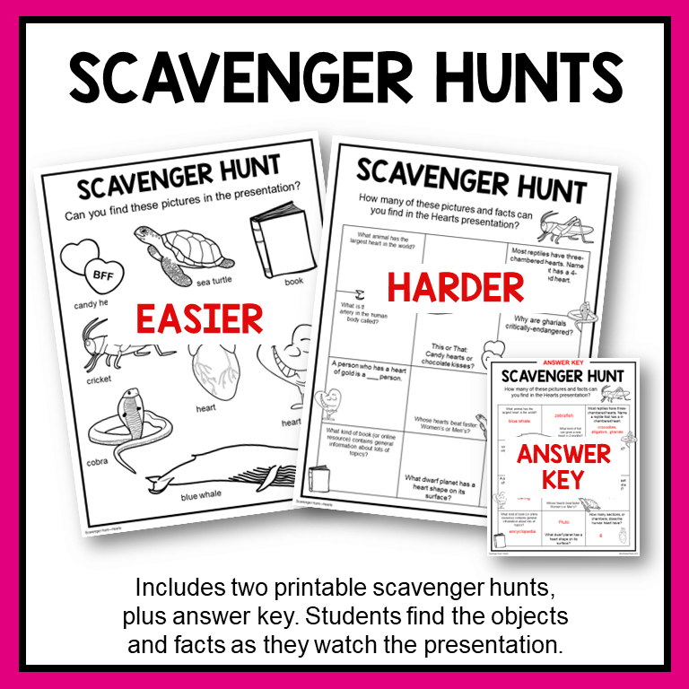 This Valentine's Day Library Lesson includes two differentiated scavenger hunt activities. Includes answer key.
