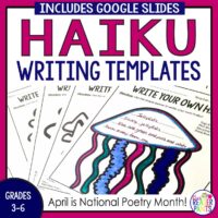 This is a set of 10 lined and 10 unlined haiku writing templates. The image includes photo samples of the templates in use.