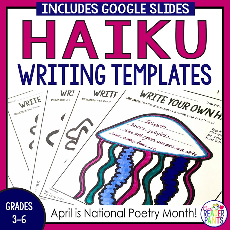 This is a set of 10 lined and 10 unlined haiku writing templates. The image includes photo samples of the templates in use.