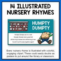 This is a nursery rhymes library lesson for Grades K-3. It includes 14 illustrated nursery rhymes.