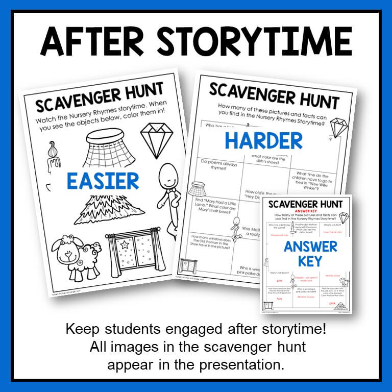 This is a nursery rhymes library lesson for Grades K-3. This image shows the two scavenger hunts, differentiated with text and no-text versions.