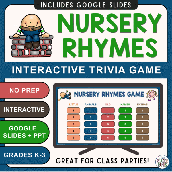 This Nursery Rhymes Trivia Game is for Grades K-3. Now includes both PowerPoint AND Google Slides class party games!