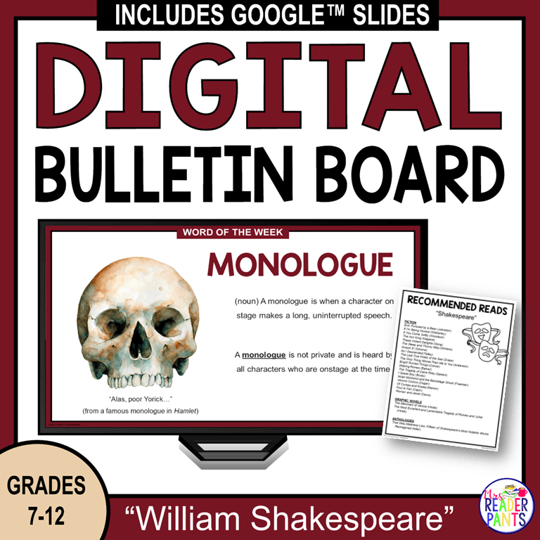 This Shakespeare Digital Bulletin Board is for Grades 7-12. Scroll library or school announcements on a screen in the library or hallways.