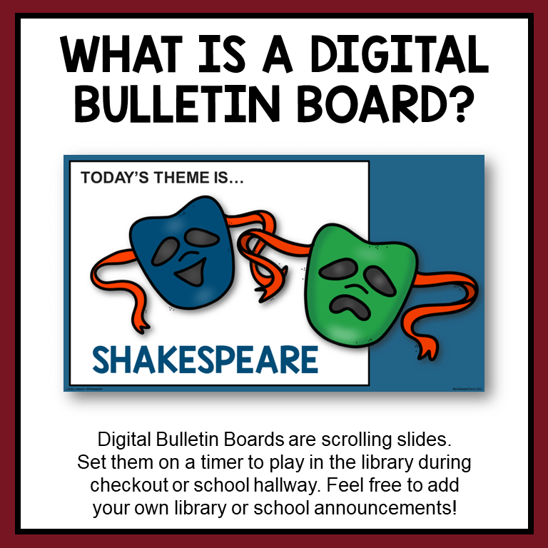 This Shakespeare Digital Bulletin Board is perfect for World Book and Copyright Day! Scroll the slides on a screen in the library or school hallway.