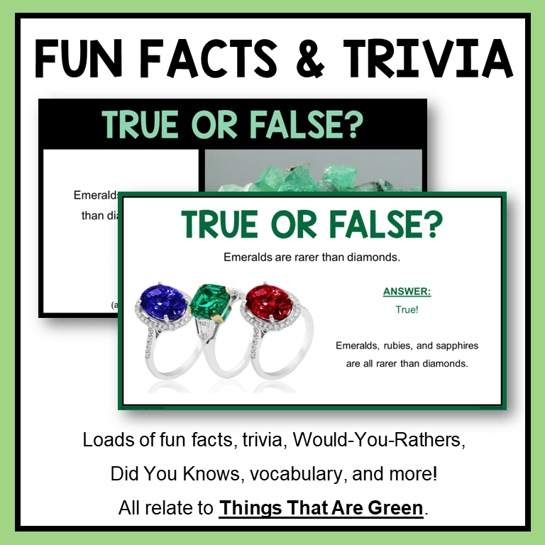 This Things That Are Green Digital Bulletin Board features lots of fun facts and trivia questions.