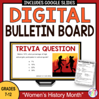 This is a Women's History Month Digital Bulletin Board. It is for secondary school libraries (Grades 7-12). Includes Google Slides version.