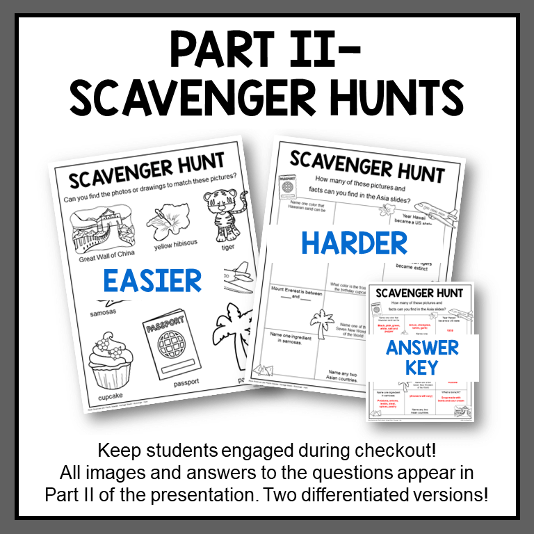 This Elementary Library Lesson features Asian and Pacific Island countries and people. Perfect for Asian American and Pacific Islander Heritage Month. Includes two differentiated scavenger hunts with answer key.